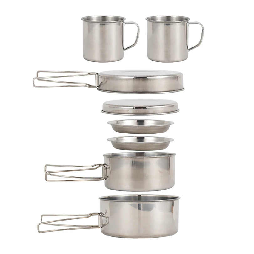 Camping Cooking Hot Plate - 8-teiliges Camping-Kochgeschirr-Set aus Edelstahl mit Töpfen,