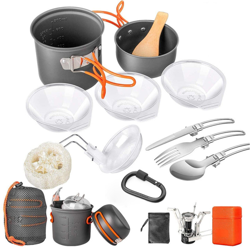 Camping Cooking Pots And Pans Set - Camping-Kochgeschirr-Set, Camping-Topf-Set mit Kocher und Schüsseln,