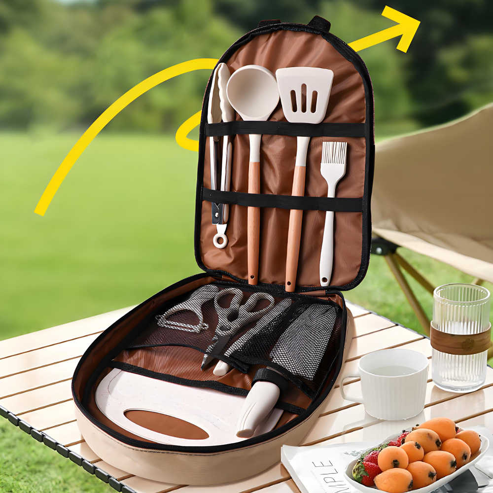 Camping Cooking Set Jetboil - 10-teiliges tragbares Camping-Kochutensilien-Set, Silikonspatel, Schöpfkelle, Schneidebrett,
