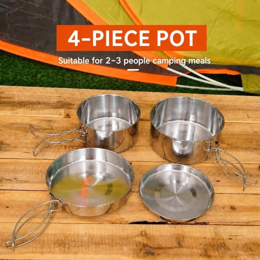 Camping Cooking Pots And Pans Set - 4-teiliges tragbares Camping-Kochgeschirr-Set aus Edelstahl, stapelbar,