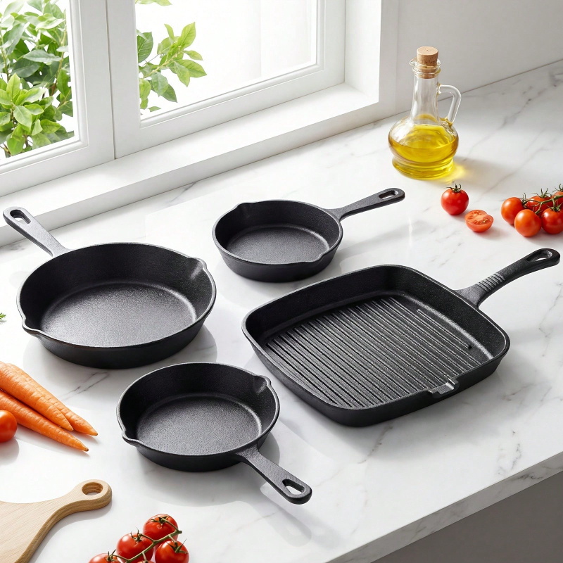 Camping Cooking Set Non Stick - 4-teiliges Gusseisen-Bratpfannen-Set, antihaftbeschichtet, ofenfest, für Camping,