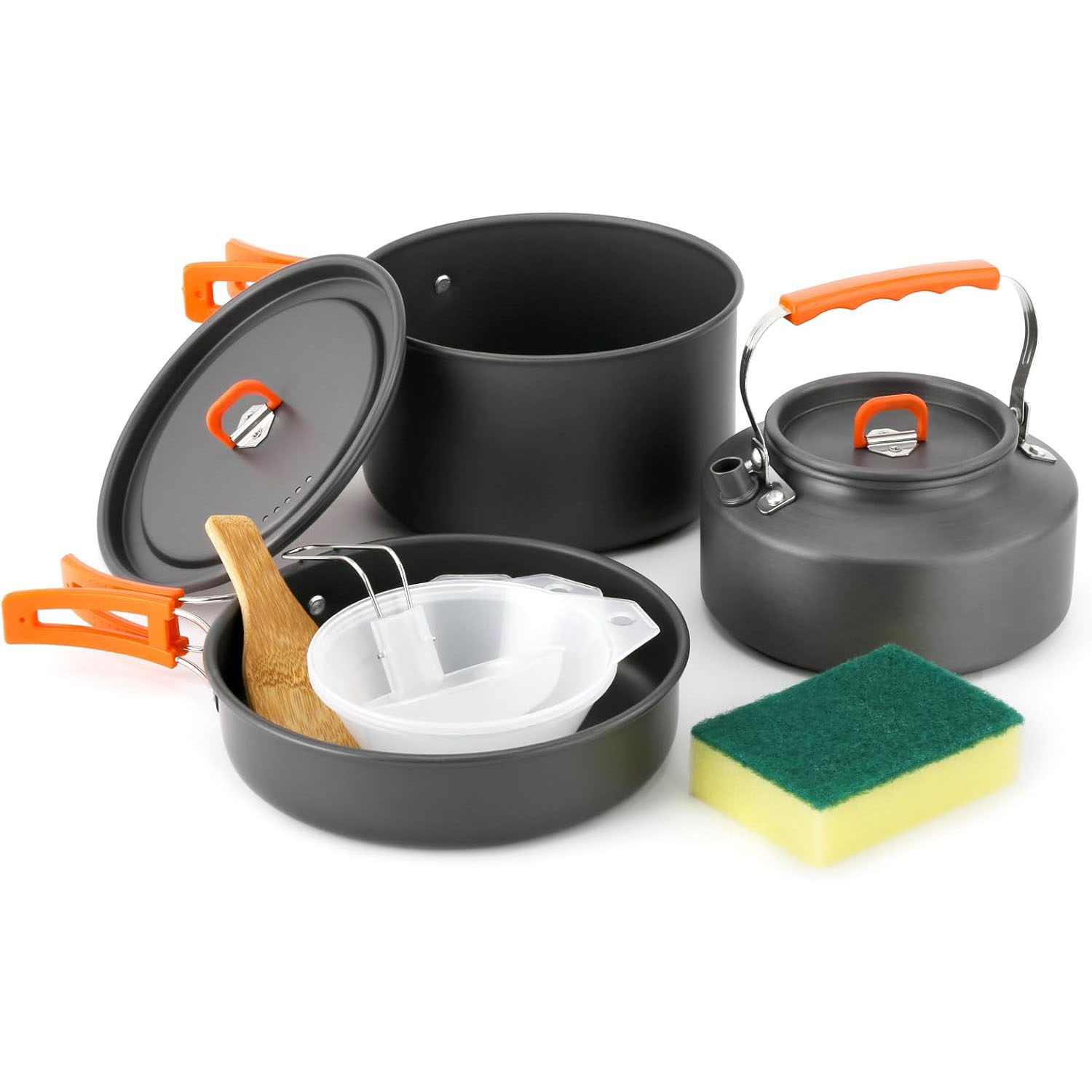 Camping Cooking Pots And Pans Set - Camping-Kochgeschirr-Set mit Topf, Pfanne, Wasserkessel, Plastikschüssel