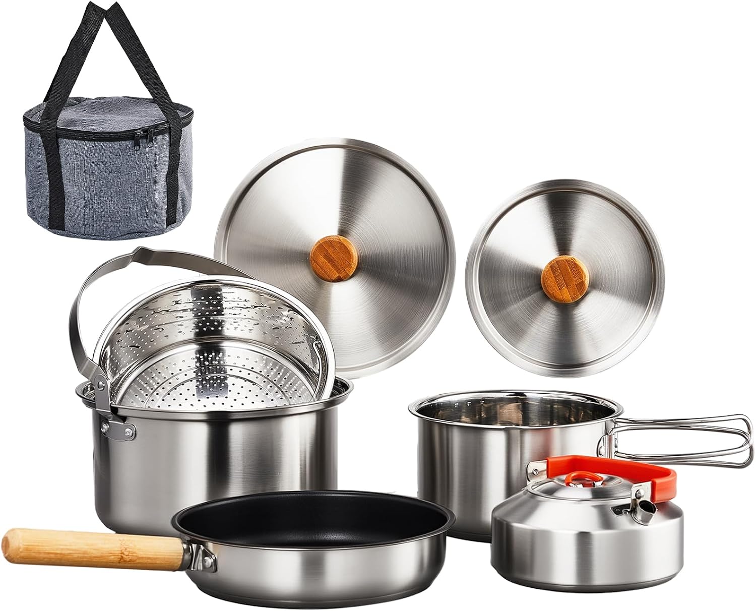 Camping Cooking Set Non Stick - 6-teiliges Kochgeschirr-Set, leichter Antihaft-Topf aus 304