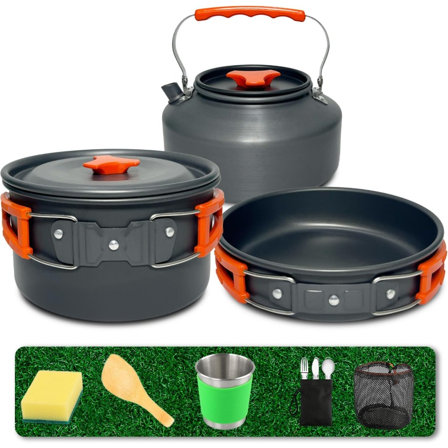 Camping Cooking Set Non Stick - Camping-Kochgeschirr-Set: 35oz Antihaft-Topf + 59oz Bratpfanne,