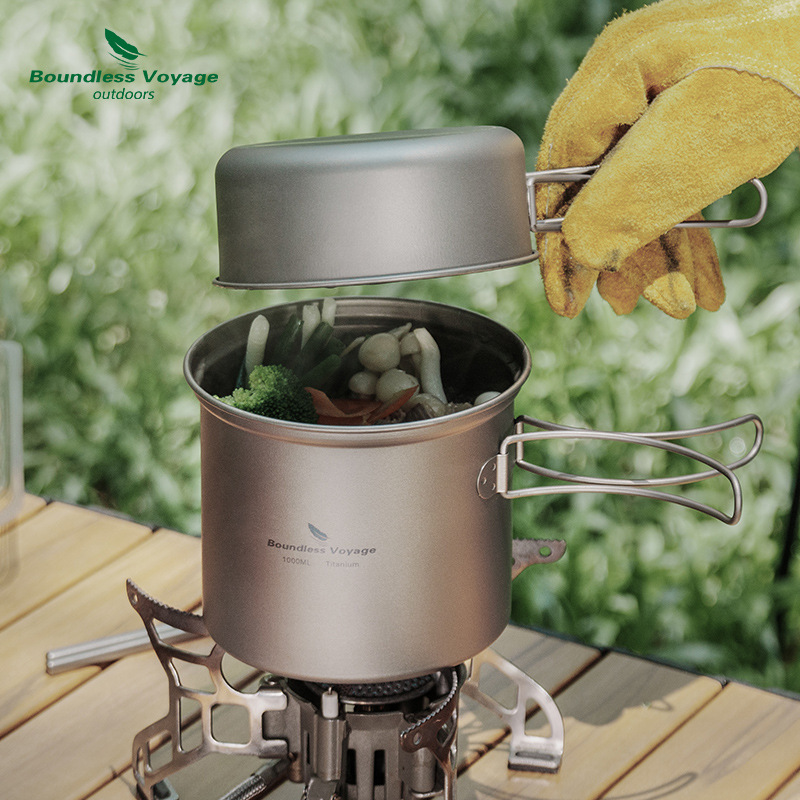 Camping Cooking Pots And Pans Set - Reines Titan Faltbarer Kochtopf + Bratpfannen-Set,