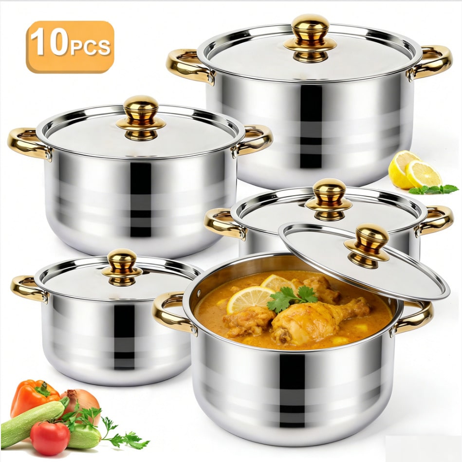 Camping Cooking Pan Set - Edelstahl-Topfset, modernes Luxus-Kochgeschirr, Silberner Körper, Goldene