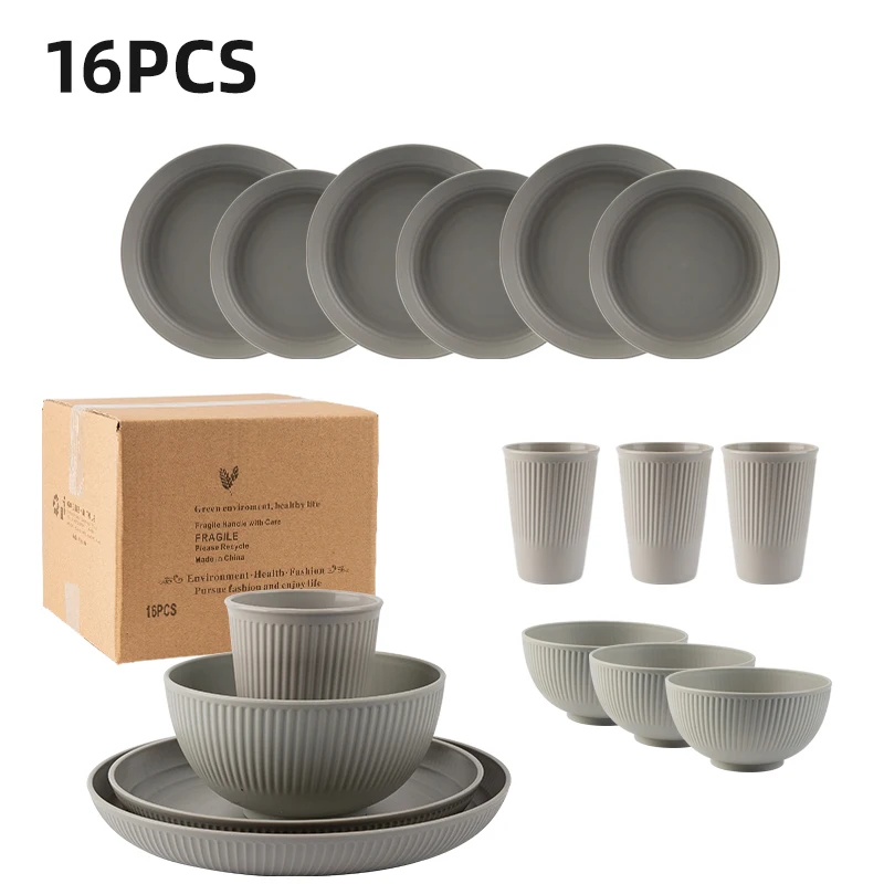 Camping Cooking And Eating Set - 16Pcs Weizen Stroh Tablewar Sets Schüssel